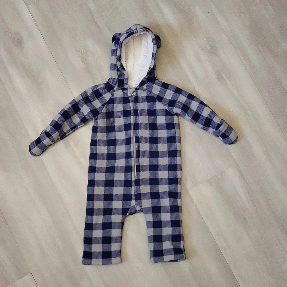 Old Navy Blue Checkered Fleece Coverall‎ Size 12-18 Months